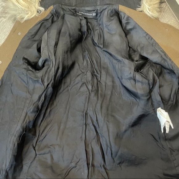 ZARA Women's Brown Pea Coat Full Zip Front Buckle Detail Faux Fur Hood Size XS - Picture 3 of 12